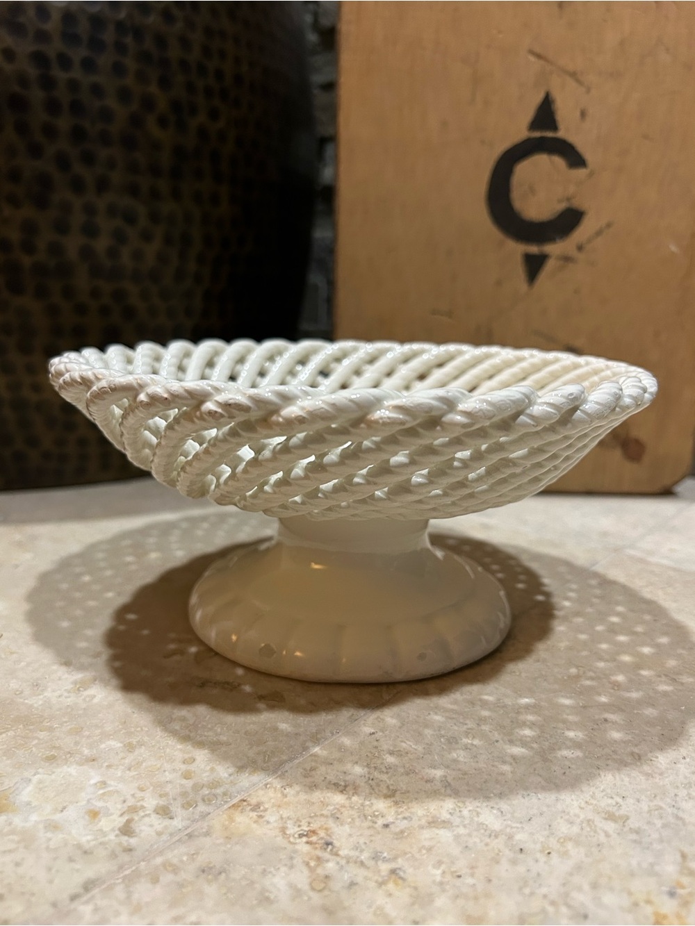 Vintage White Decorative Ceramic Rope Pedestal Bowl made in Spain